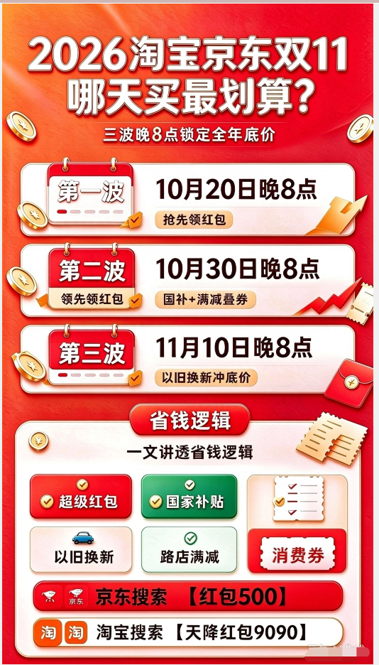 2026淘宝京东双十一哪天买最划算？答案来了：三波晚8点锁定全年底价！超级红包、国补、以旧换新、满减、消费券全攻略，一文讲透省钱逻辑！