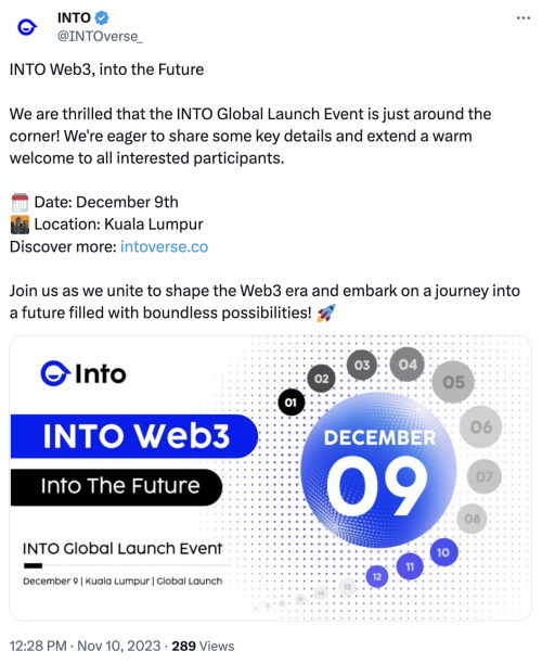 知名Web3社交应用INTO，将于12月初举行全球启动大会