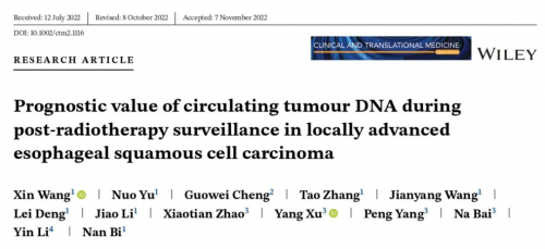 ctDNA早于影像学提示食管鳞癌放化疗后进展