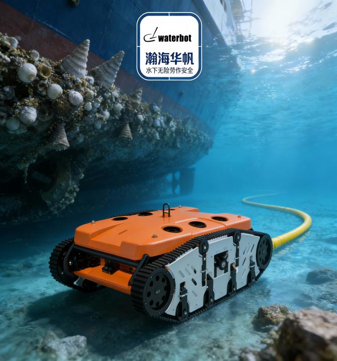 jimeng-2025-12-23-4214-在水下的海中船底的场景里，主体是具未来科技感的清洁设备，设备外观参考图一，设备的...